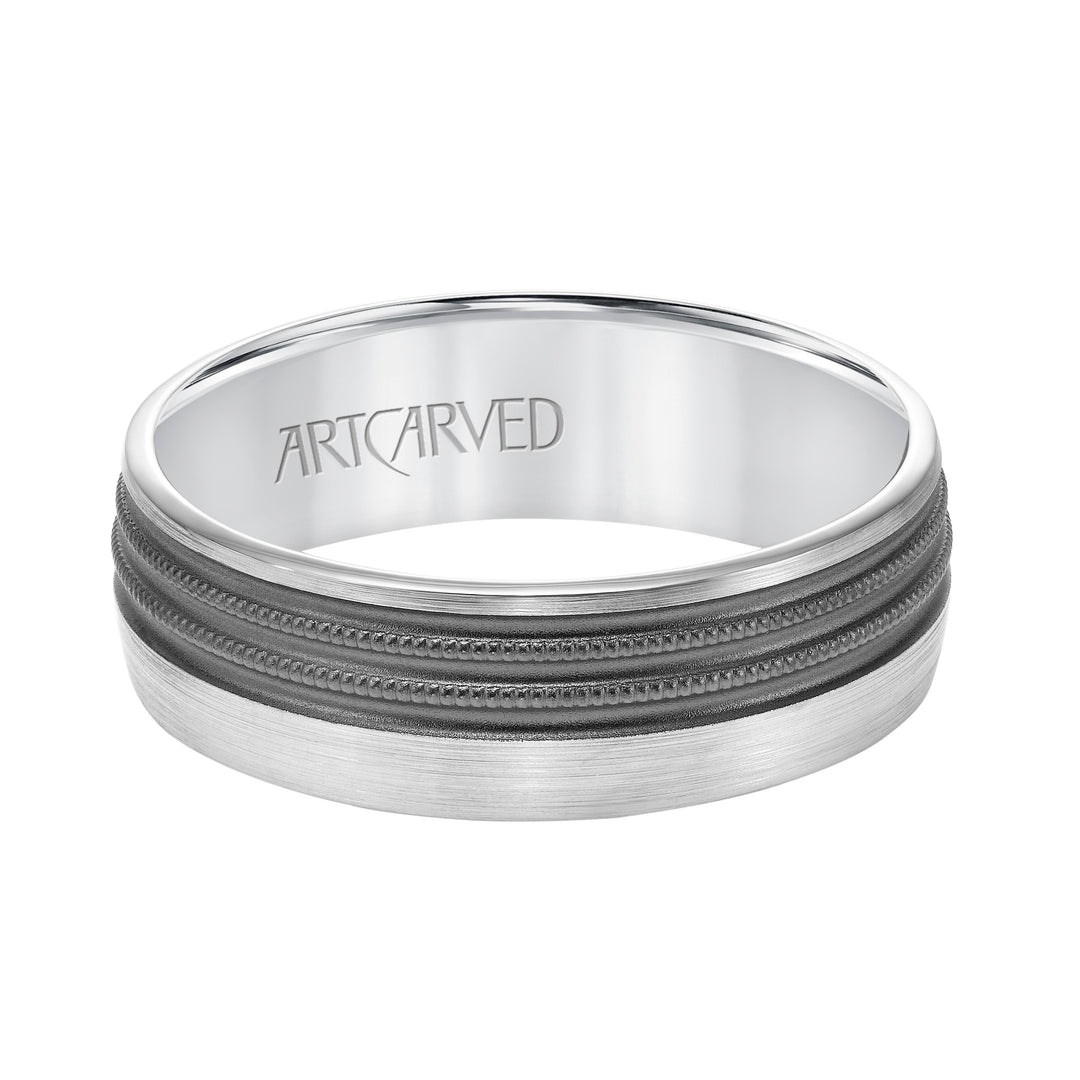 Mens Comfort Fit Wedding Band with Brushed Matte Finish with Textured Black Rhodium and Milgrain Accents