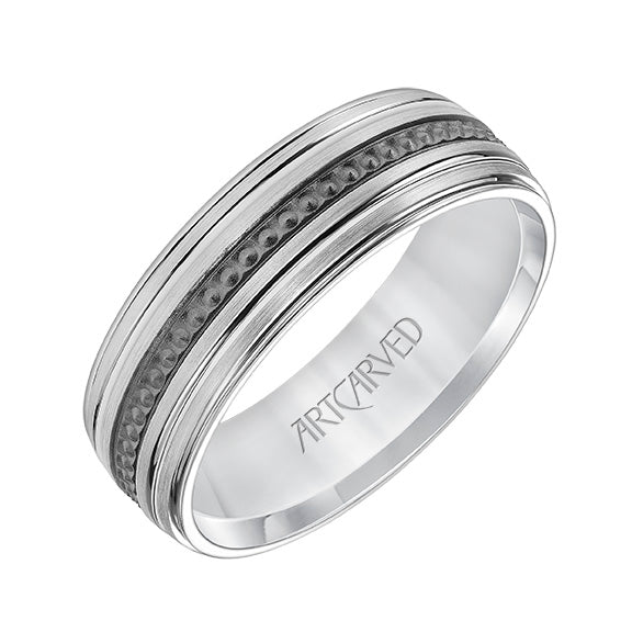 11-WV8845-G - ARTCARVED - Mens Comfort Fit Wedding Band with Brushed Finish with Textured Black Rhodium and Polished Lines and Polished Round Edge