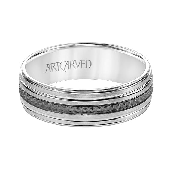 Mens Comfort Fit Wedding Band with Brushed Finish with Textured Black Rhodium and Polished Lines and Polished Round Edge