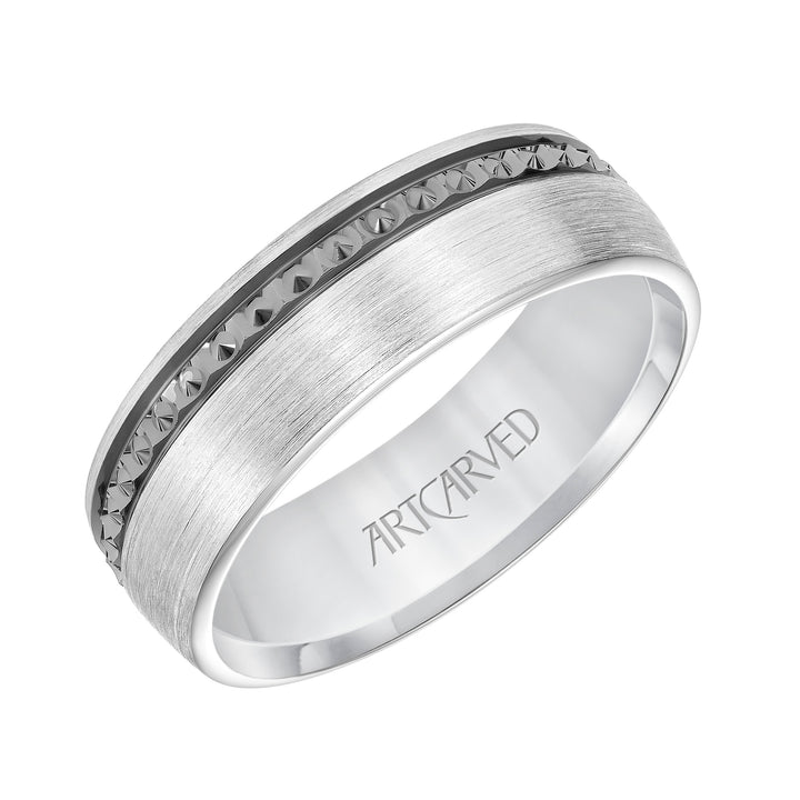 11-WV8846-G - ARTCARVED - Mens Comfort Fit Wedding Band with High Polished Textured Black Rhodium and Satin/Soft Sand Finish Center