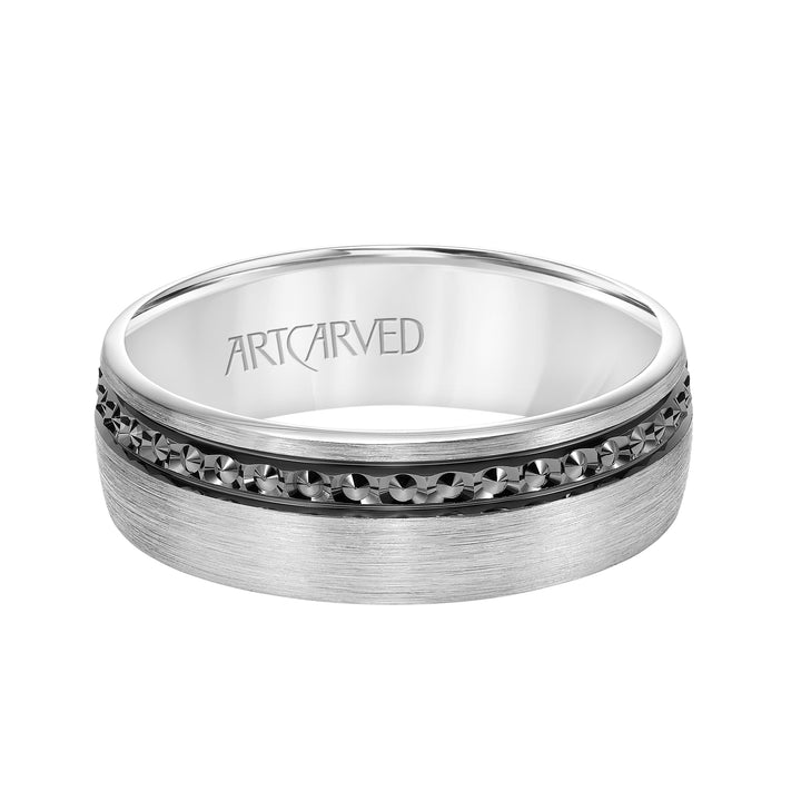 11-WV8846W7-G.00 - ARTCARVED - Mens Comfort Fit Wedding Band with High Polished Textured Black Rhodium and Satin/Soft Sand Finish Center