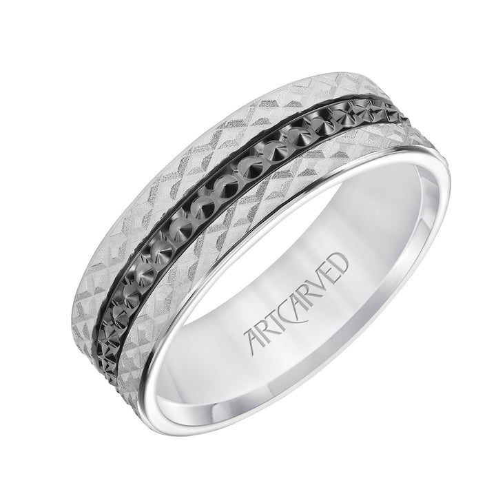 Mens Comfort Fit Wedding Band with Criss Cross Satin/Soft Sand Engraved Design and Polished Textured Black Rhodium Center