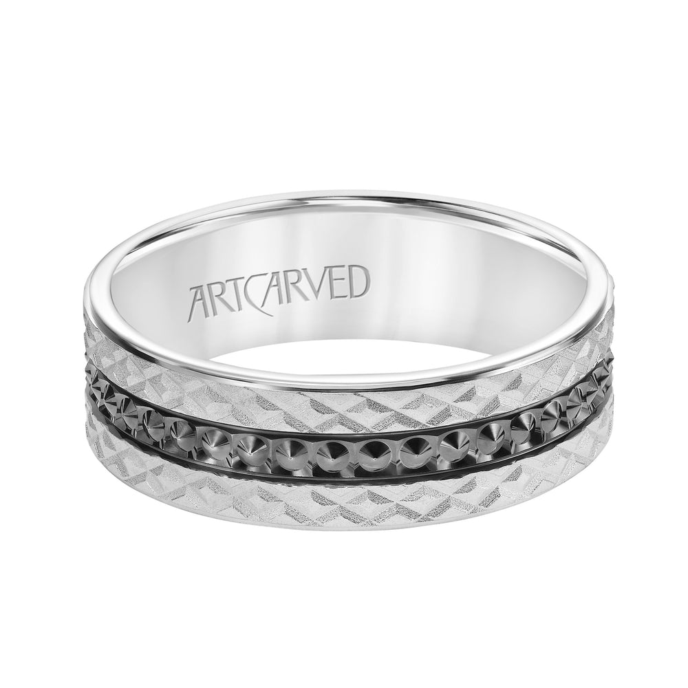 11-WV8848W7-G.00 - ARTCARVED - Mens Comfort Fit Wedding Band with Criss Cross Satin/Soft Sand Engraved Design and Polished Textured Black Rhodium Center
