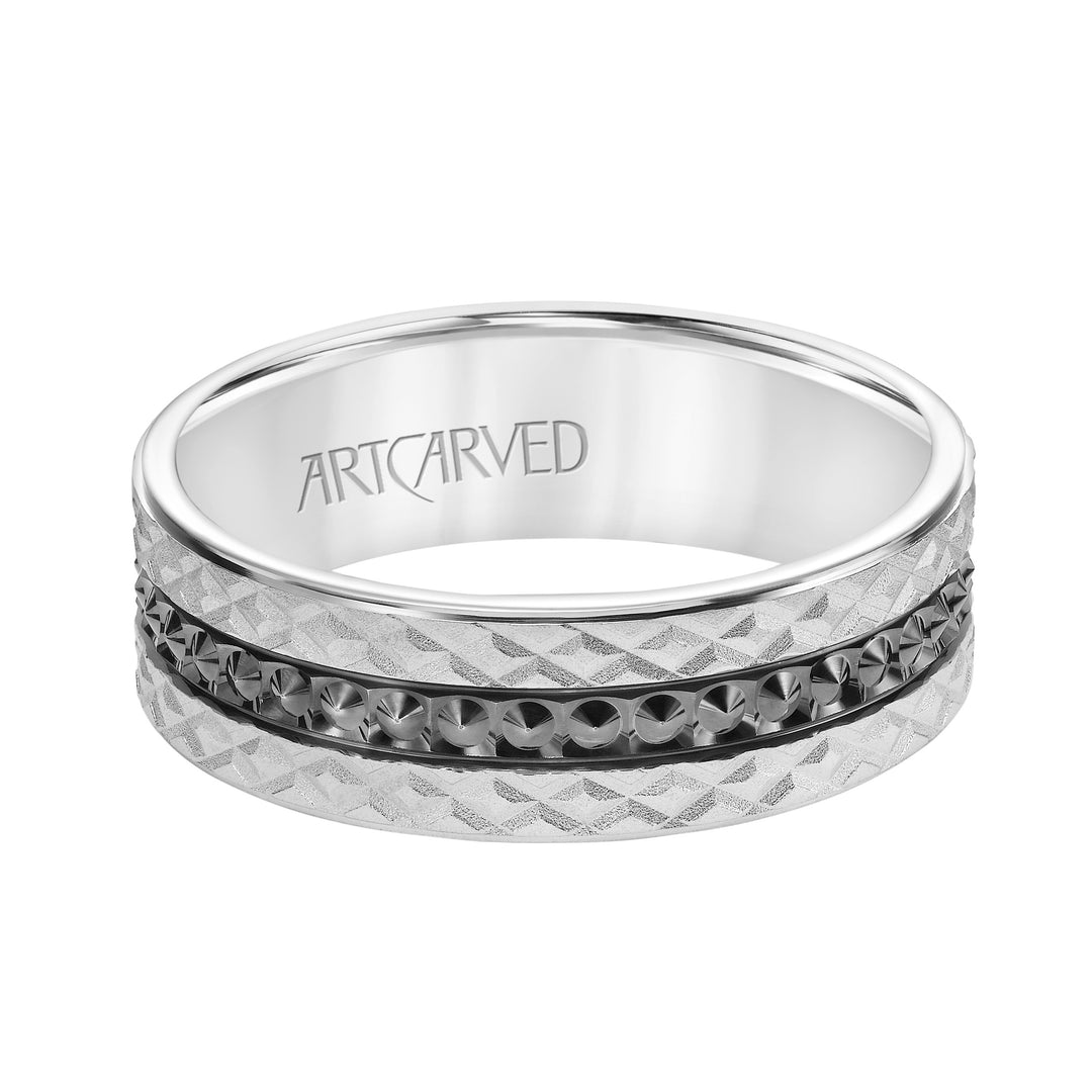Mens Comfort Fit Wedding Band with Criss Cross Satin/Soft Sand Engraved Design and Polished Textured Black Rhodium Center