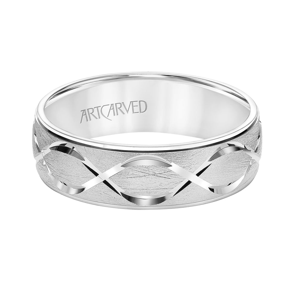 11-WV8875-G - ARTCARVED - Mens Comfort Fit Wedding Band with Chrystalline Finish with Swiss Cut Infinity Design Center and Polished Round Edge