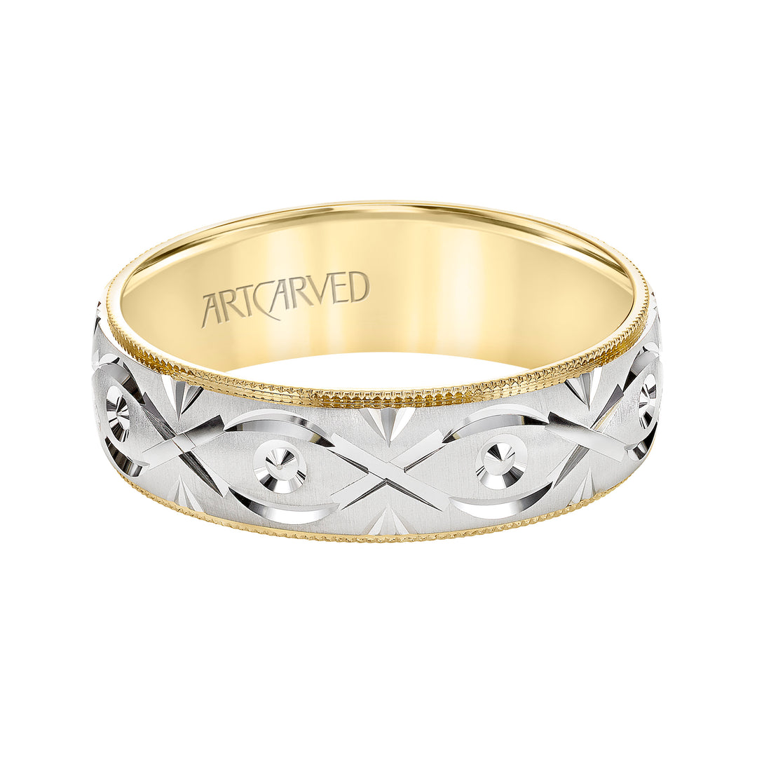 11-WV8876YW7-G.00 - ARTCARVED - Low Dome Milgrain Edge Carved Wedding Band