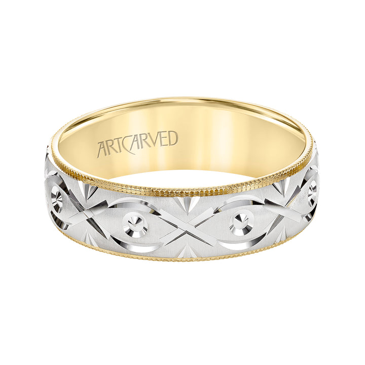 11-WV8876YW7-G.00 - ARTCARVED - Low Dome Milgrain Edge Carved Wedding Band