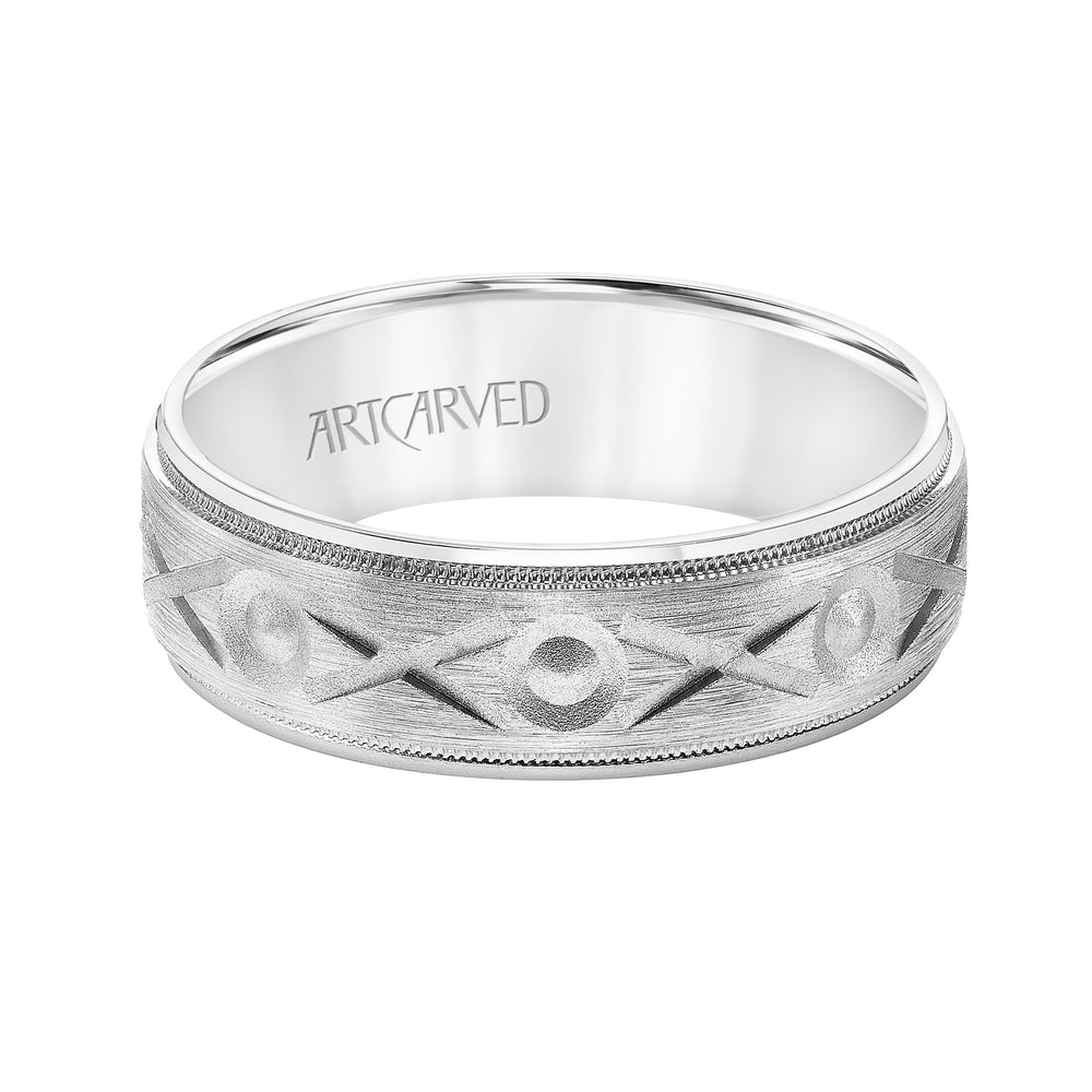 11-WV8877-G - ARTCARVED - Mens Comfort Fit Wedding Band with Brushed Finish with Swiss Cut XO Design Center with Pearling Detail and Matte Round Edge