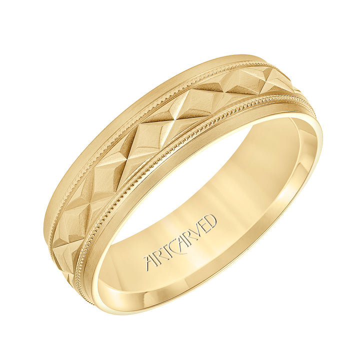 Low Dome Flat Edge Carved Wedding Band