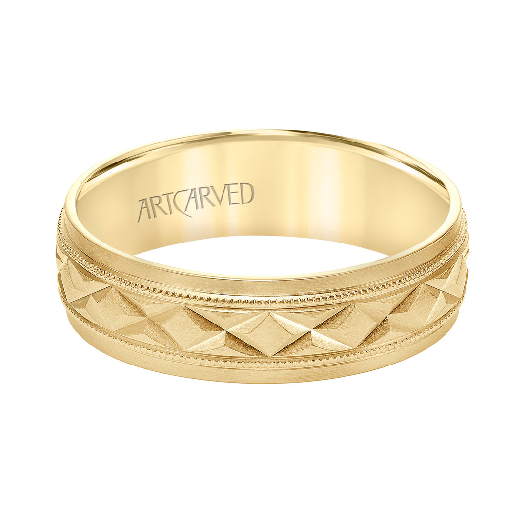 Low Dome Flat Edge Carved Wedding Band
