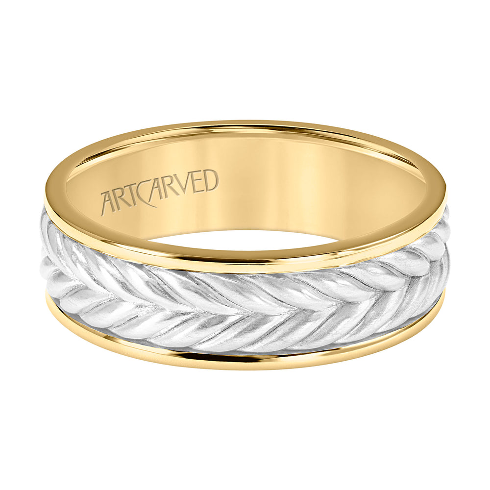 7MM Mens Wedding Band -  Brushed Finish with Braided Center Design and Round Edge