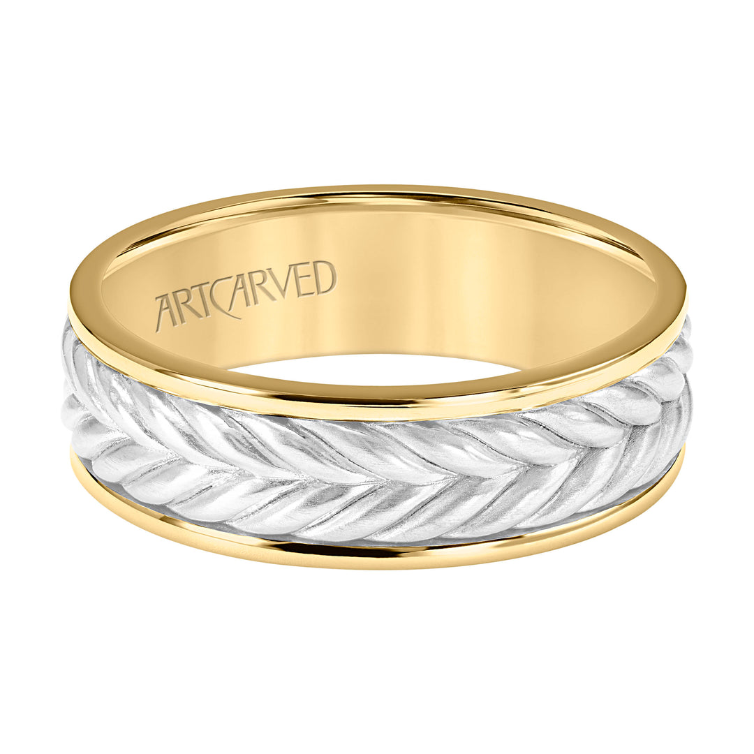 7MM Mens Wedding Band -  Brushed Finish with Braided Center Design and Round Edge