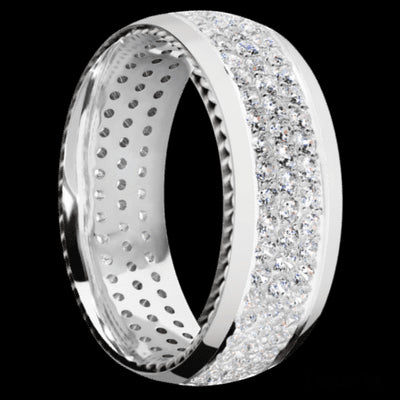 8 mm wide/Domed/14K White Gold band with  two 1 mm Sidebraid inlays of 14K White Gold and featuring a 3 Row Eternity arrangement of .015 carat Round Diamond stones in a Bead Channel setting