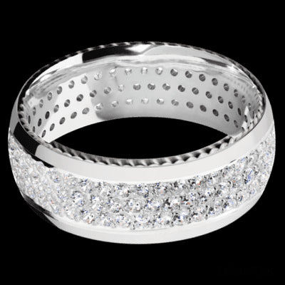 8 mm wide/Domed/14K White Gold band with  two 1 mm Sidebraid inlays of 14K White Gold and featuring a 3 Row Eternity arrangement of .015 carat Round Diamond stones in a Bead Channel setting