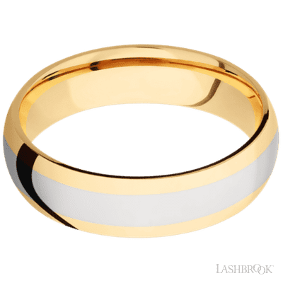 6 mm wide/Domed/14K Yellow Gold band with one 3 mm Centered inlay of 14K White Gold.