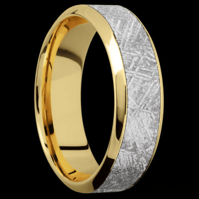 7 mm wide/High Bevel/18K Yellow Gold band with one 4 mm Centered inlay of Meteorite.
