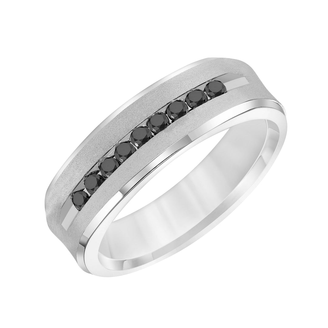 Luxuriously designed, this 9 stone black diamond wedding band features a low-domed, semi-square profile with a soft sand finish and flat edges