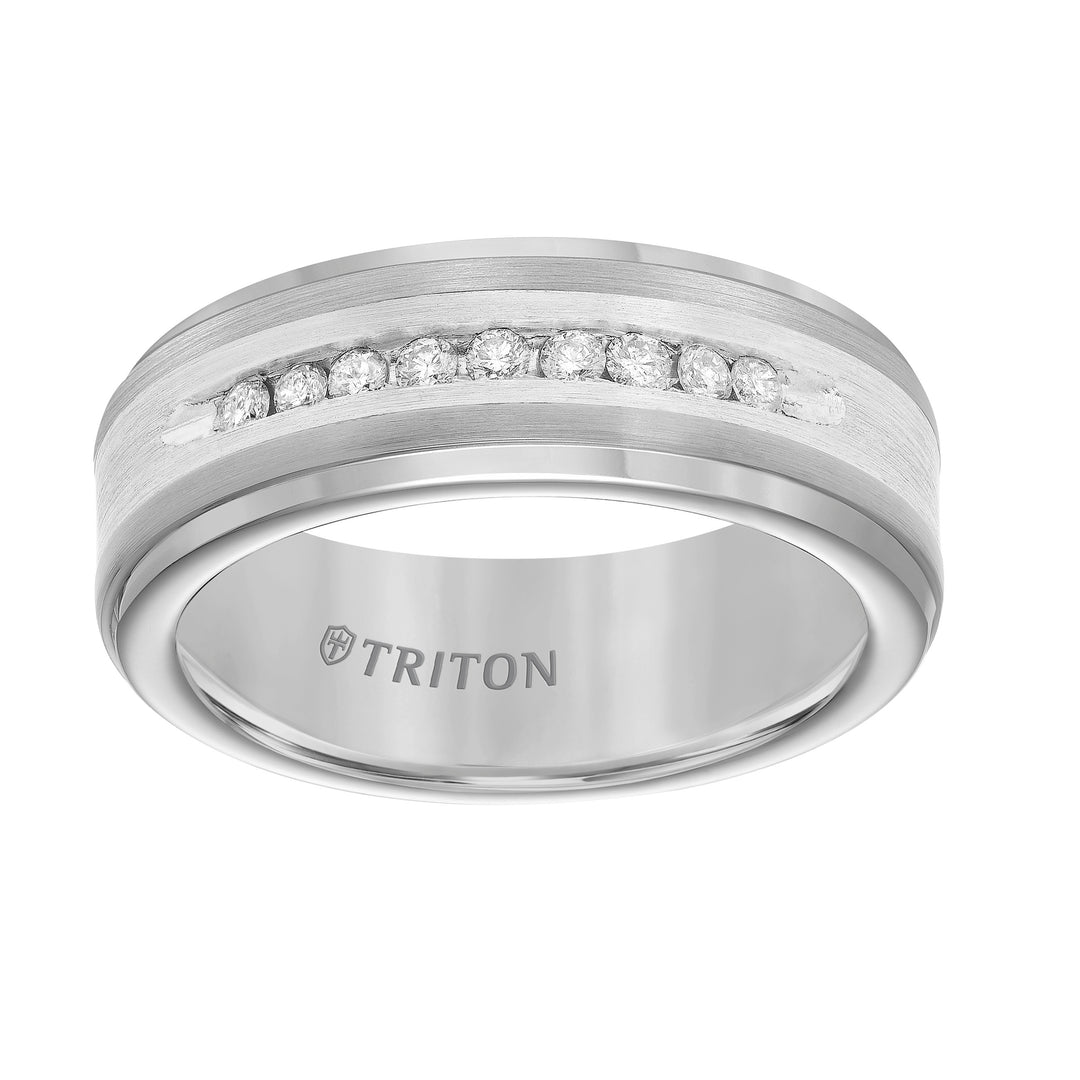 8mm Tungsten Carbide Step Edge Comfort Fit Band with Satin Finish Silver Inlay and Channel Set diamonds.
