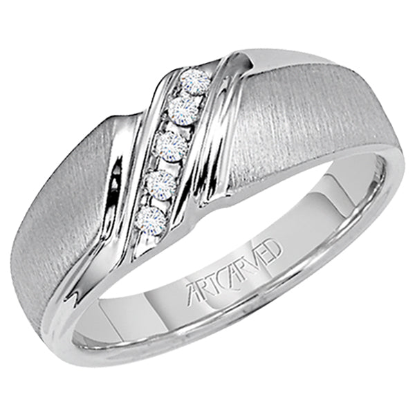 Comfort Fit weddding band with tension set diamonds and vertical brushed finish