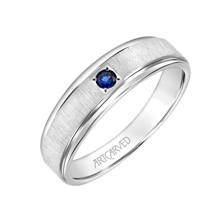 Comfort Fit wedding band with single sapphire, vertical brushed finish and bright, rolled edges.