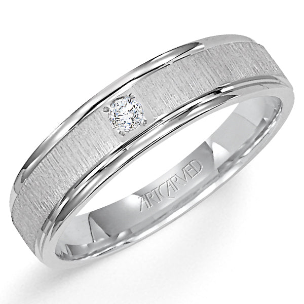 Comfort Fit wedding band with single diamond, vertical brushed finish and bright, rolled edges