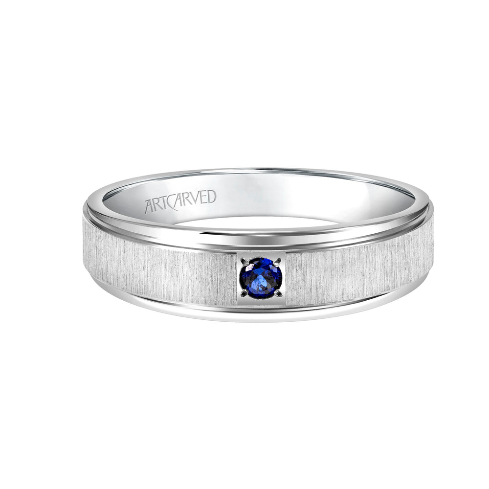 Comfort Fit wedding band with single sapphire, vertical brushed finish and bright, rolled edges.