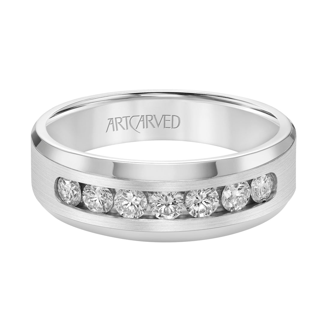 Channel Set Diamond Wedding Band with Beveled Edge and Tapered Band