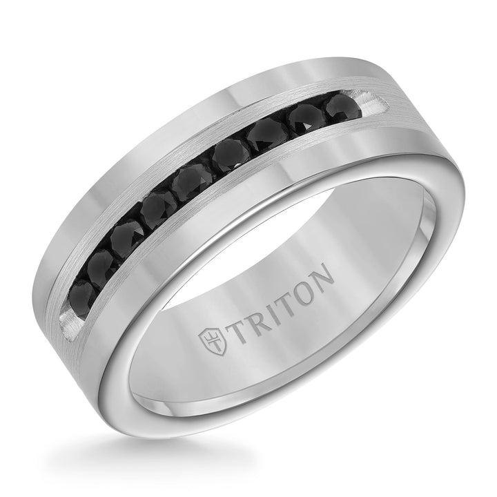 22-4633SC-G.00 - Goldman - 8MM Bright Polished Tungsten Carbide Comfort Fit band with Brush Finish Silver Inlay and 1/2 carat of Channel Set Black Diamonds.