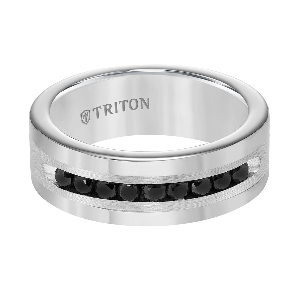 8MM Bright Polished Tungsten Carbide Comfort Fit band with Brush Finish Silver Inlay and 1/2 carat of Channel Set Black Diamonds.