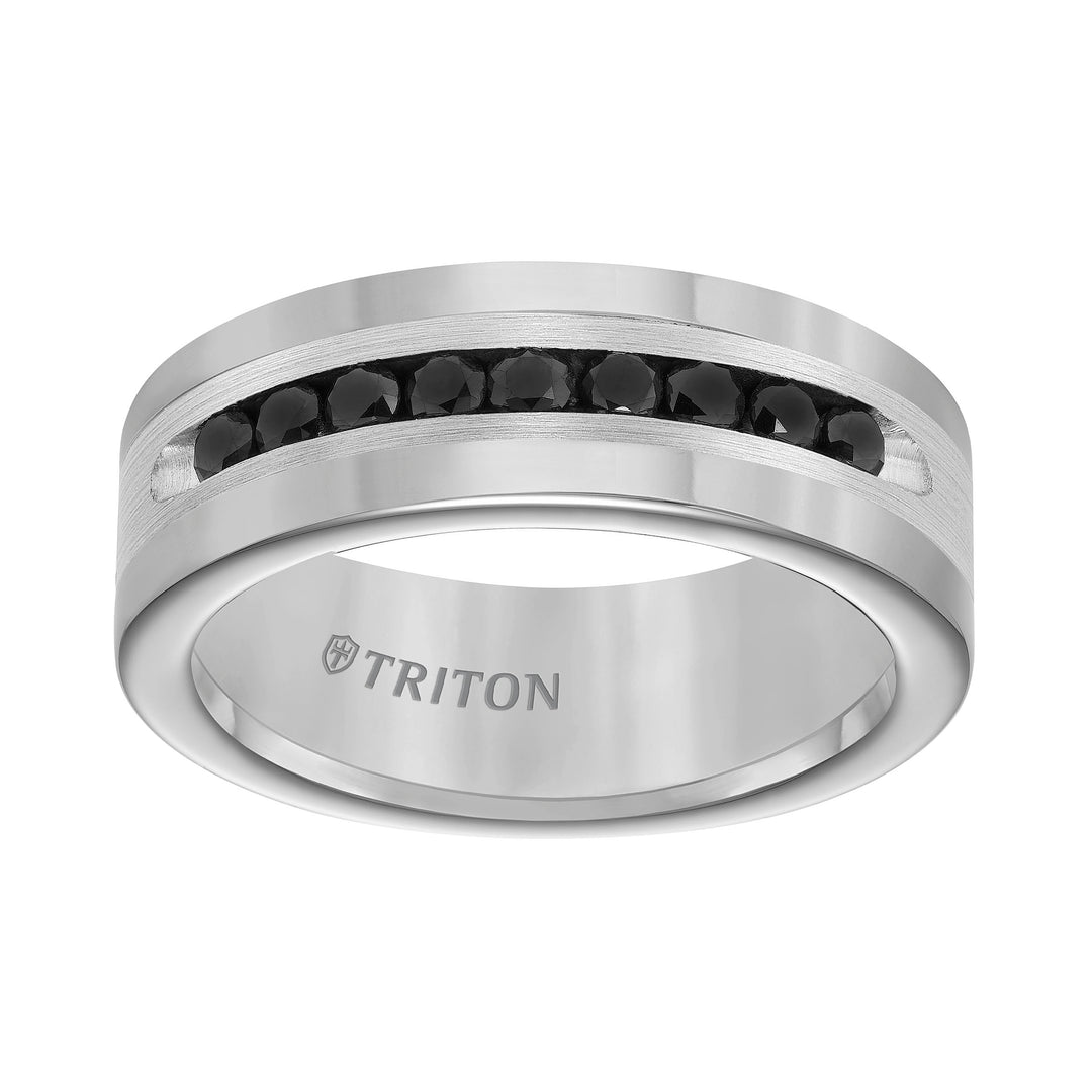 8MM Bright Polished Tungsten Carbide Comfort Fit band with Brush Finish Silver Inlay and 1/2 carat of Channel Set Black Diamonds.