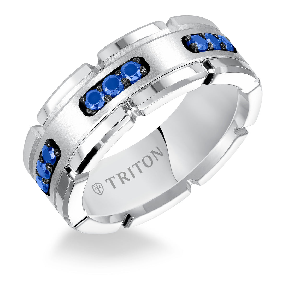 22-5252SWC-G.00 - Goldman - 8mm White Tungsten Carbide Ring with Blue Sapphire Satin Center and Link Edge