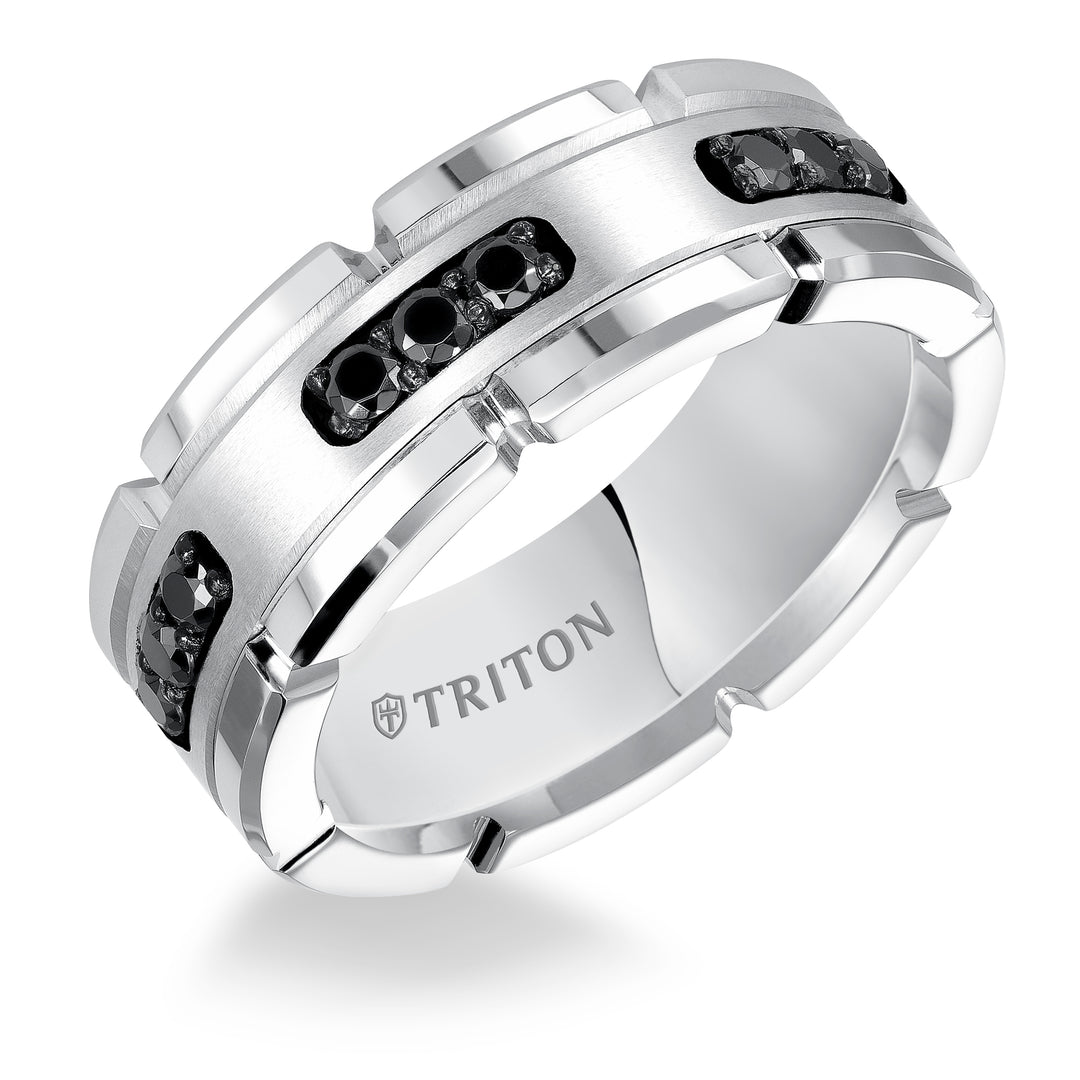 8mm White Tungsten Carbide Ring with Black Diamond Satin Center and Link Edge