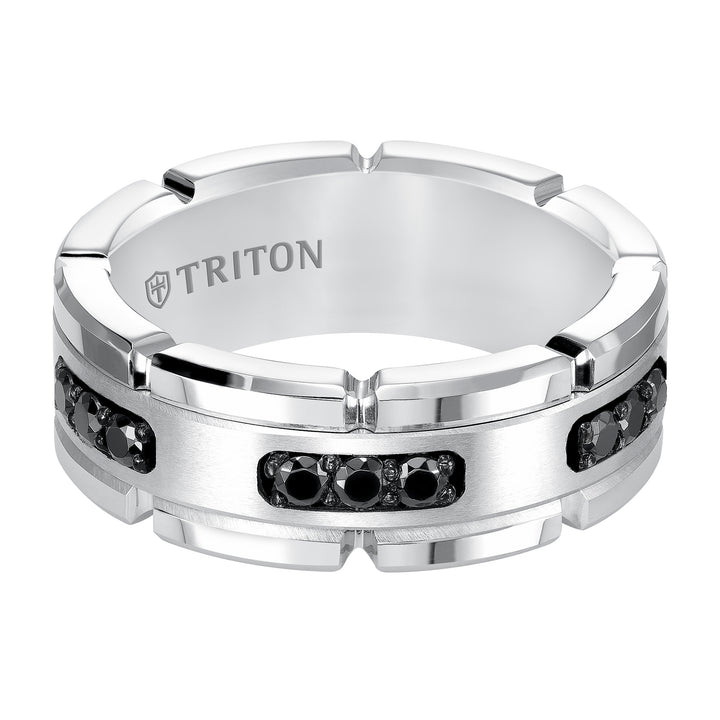 8mm White Tungsten Carbide Ring with Black Diamond Satin Center and Link Edge