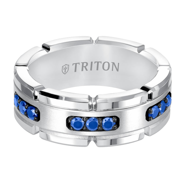 8mm White Tungsten Carbide Ring with Blue Sapphire Satin Center and Link Edge