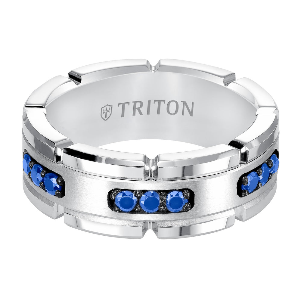 8mm White Tungsten Carbide Ring with Blue Sapphire Satin Center and Link Edge