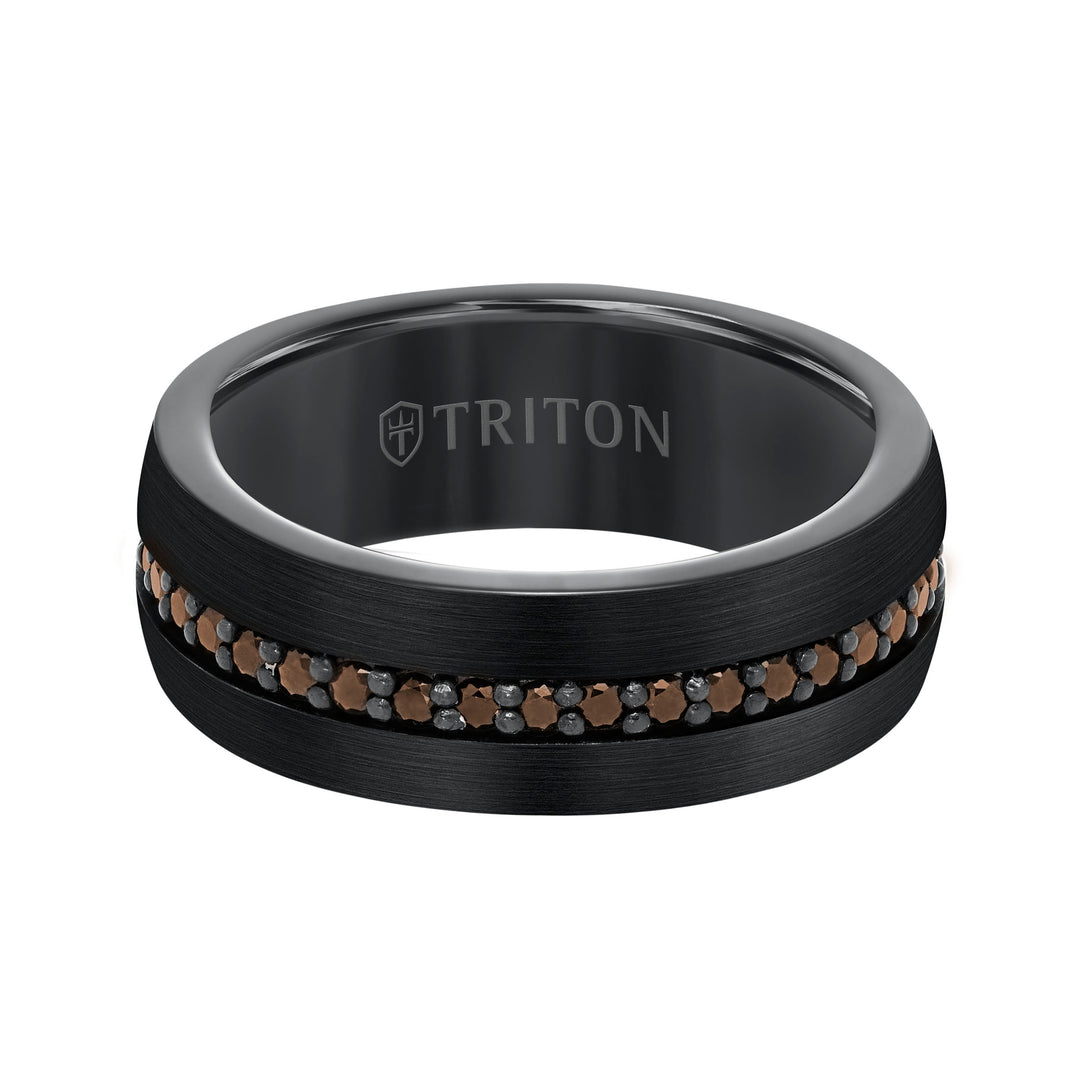 8MM Comfort Fit Black Tungsten All Around Smokey Quartz Sapphire Band