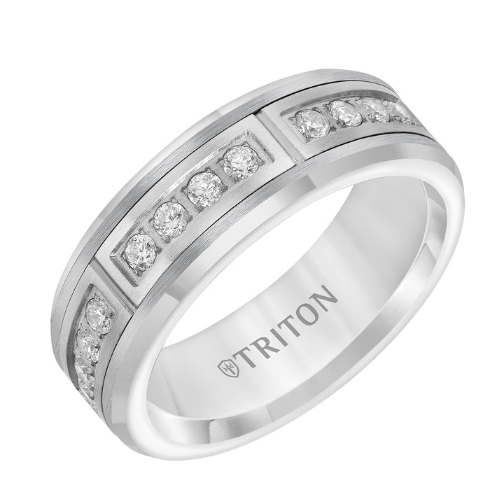 7mm Comfort Fit White Tungsten Band with Channel Set Diamonds in Black PVD Coated Steel