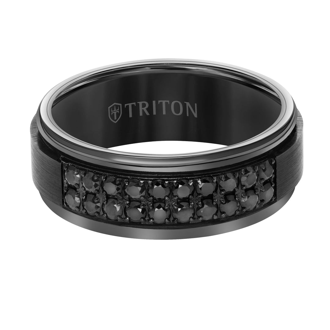 8MM Black Tungsten Carbide Ring - Black Sapphires & Step Edge