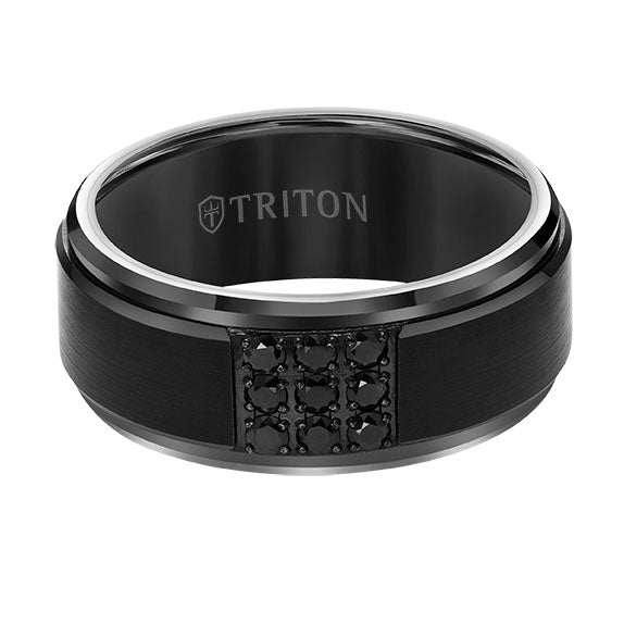 9mm Black Tungsten Carbide Ring With Black Sapphires and Step Edge