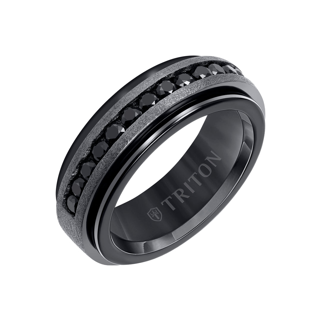 22-6071BBCS-G.00 - Goldman - 8mm Black Tungsten Carbide Ring with Black Sapphire Channel Set Silver Satin Finish