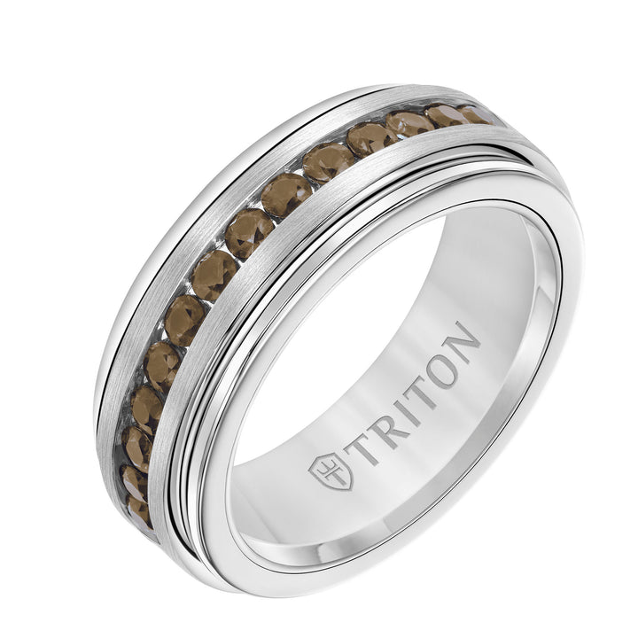 8mm White Tungsten Carbide Ring with Smokey Quartz Sapphires Channel Set Silver Satin Finish