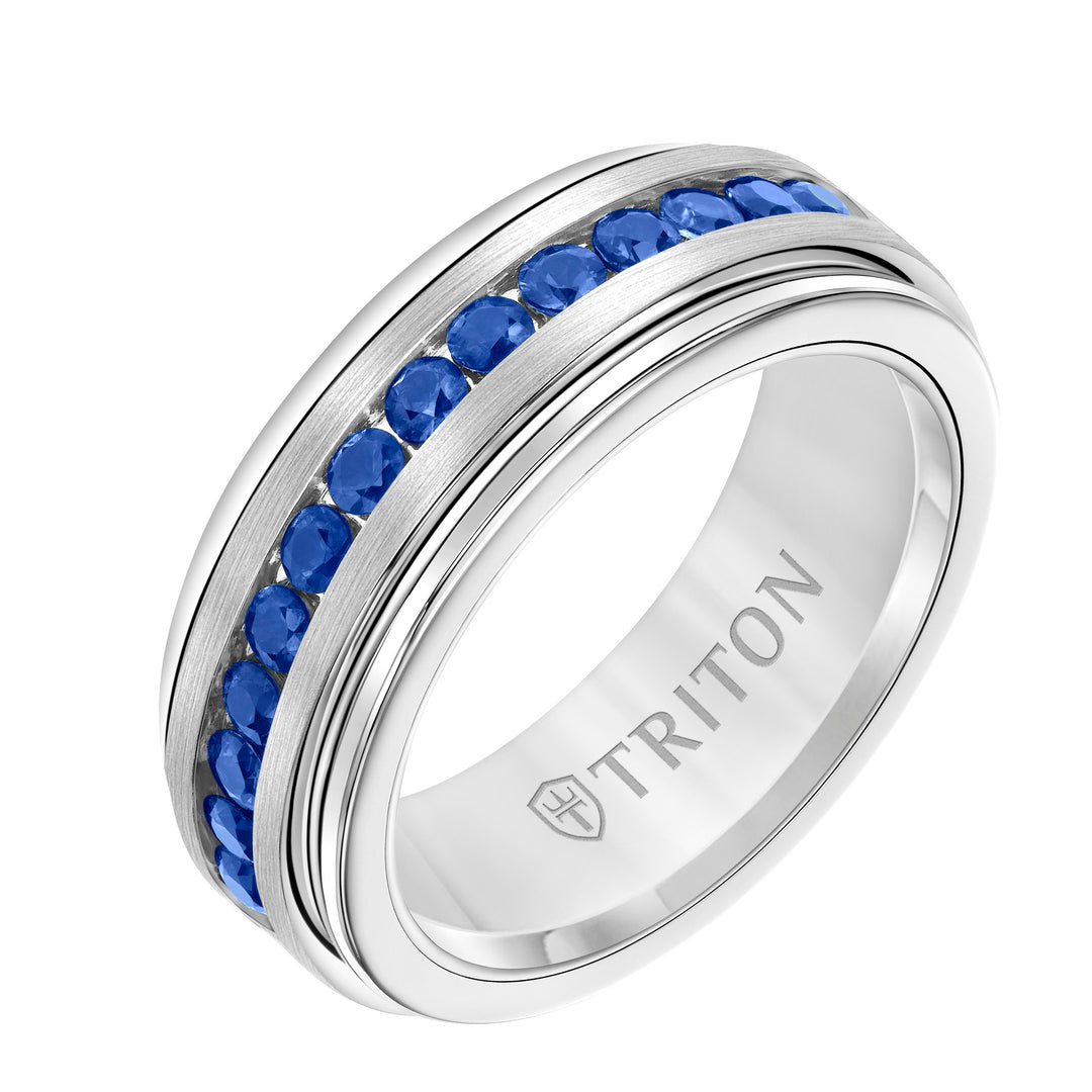 8mm White Tungsten Carbide Ring with Blue Sapphires Channel Set Silver Satin Finish