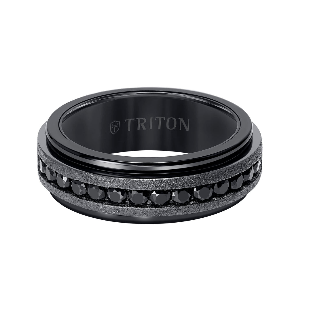 8mm Black Tungsten Carbide Ring with Black Sapphire Channel Set Silver Satin Finish