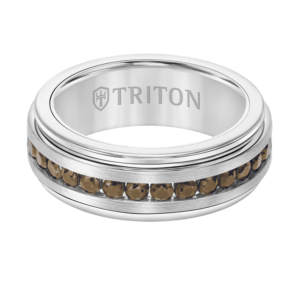 8mm White Tungsten Carbide Ring with Smokey Quartz Sapphires Channel Set Silver Satin Finish