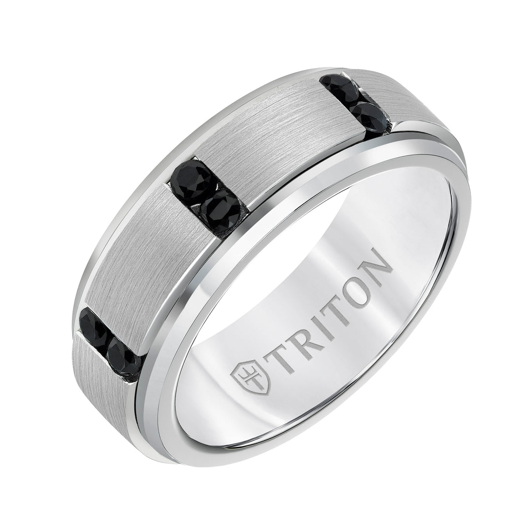 8MM White Tungsten Black Sapphire Ring - Vertical Channel Set Silver Satin Finish and Bevel Edge