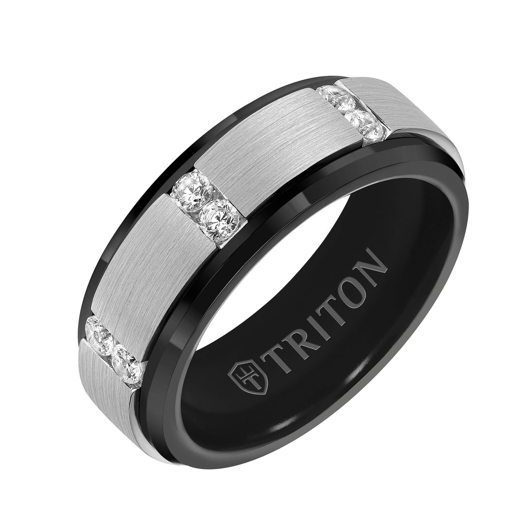 8MM Espresso Tungsten Diamond Ring - Vertical Channel Set Silver Satin Finish and Bevel Edge