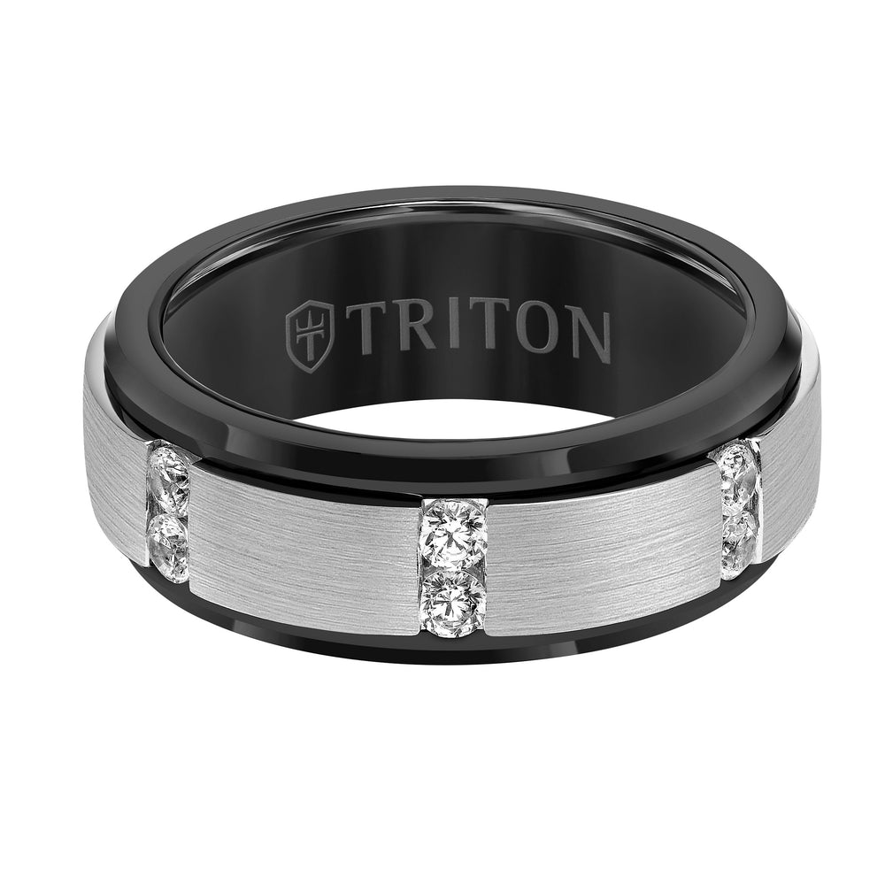 8MM Black Tungsten Diamond Ring - Vertical Channel Set Silver Satin Finish and Bevel Edge