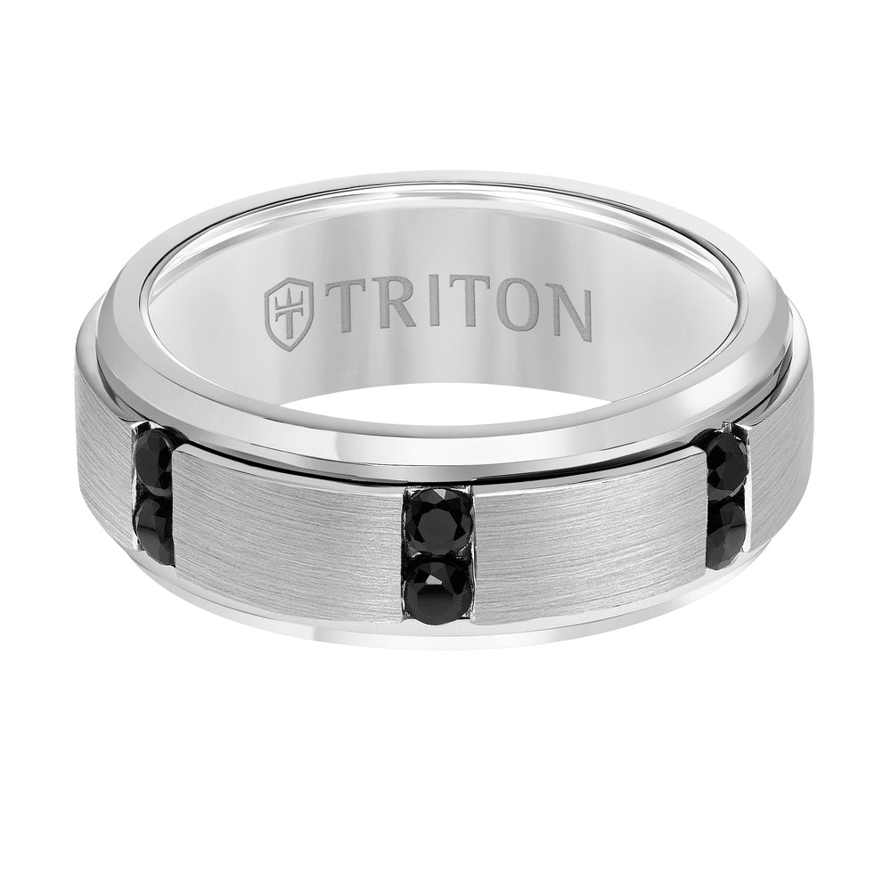 8MM White Tungsten Black Sapphire Ring - Vertical Channel Set Silver Satin Finish and Bevel Edge