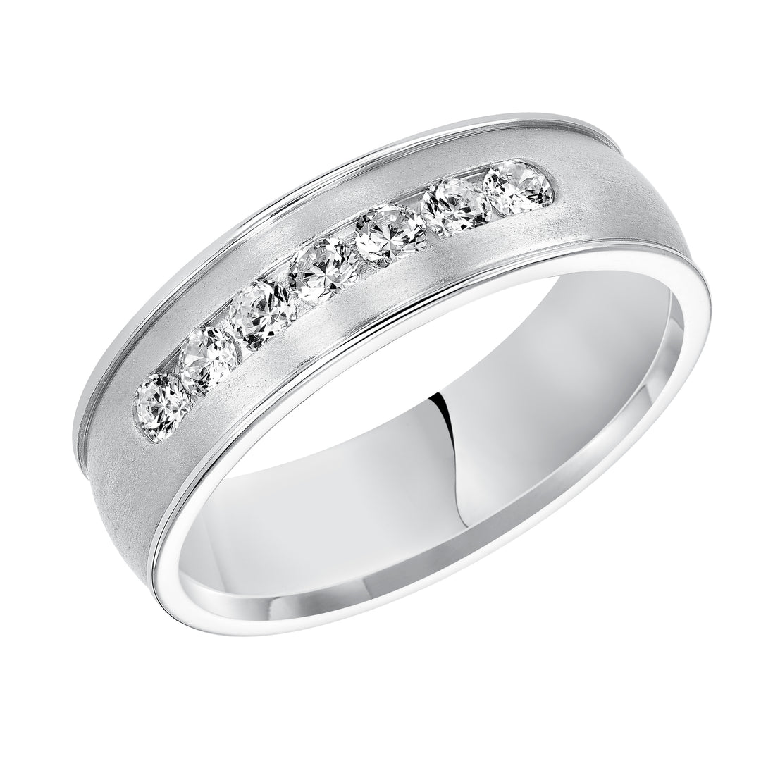 Distinct yet timeless, this low-domed, Comfort Fit, 7 stone diamond wedding band features satin finish with round edges
