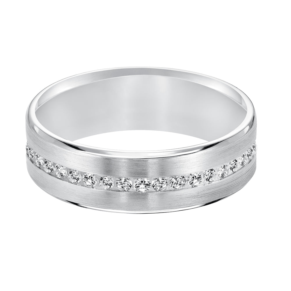 An Exquisite Row Diamonds Satin Finish and Rolled Edges Perfect the Luxurious Design of this Comfort Fit Wedding Band
